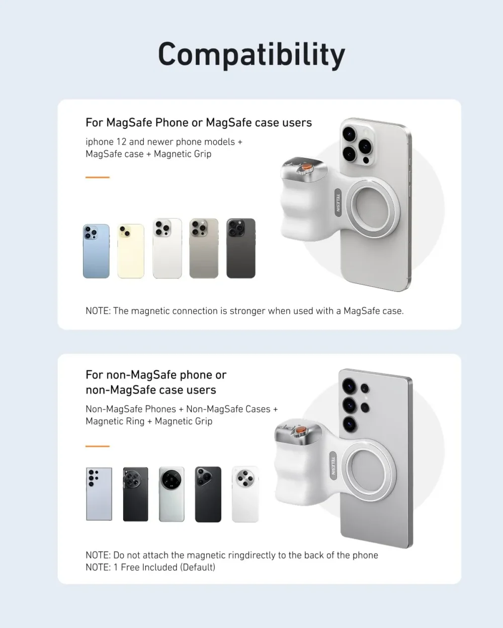Main_05 TELESIN Fun Shot Magnetic Camera Grip 2 - Ergonomic Bluetooth Smartphone Shutter Handle with Detachable Remote & 1/4" Tripod Mount for iPhone & Android