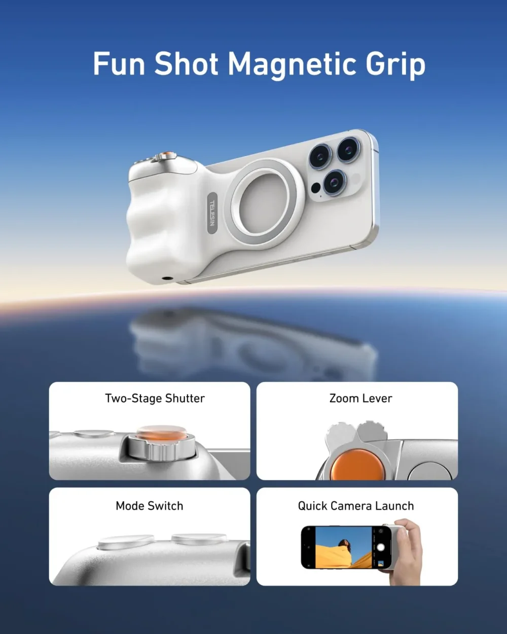 Main_02 TELESIN Fun Shot Magnetic Camera Grip 2 - Ergonomic Bluetooth Smartphone Shutter Handle with Detachable Remote & 1/4" Tripod Mount for iPhone & Android