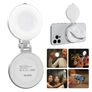 TELESIN C03 3-in-1 Magnetic Selfie Ring Light with Makeup Mirror & Integrated Phone Stand - CRI 97+ Pocket Fill Light for iPhone MagSafe & Android vlogging