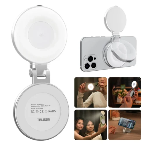 Main_01 TELESIN C03 3-in-1 Magnetic Selfie Ring Light with Makeup Mirror & Integrated Phone Stand - CRI 97+ Pocket Fill Light for iPhone MagSafe & Android vlogging