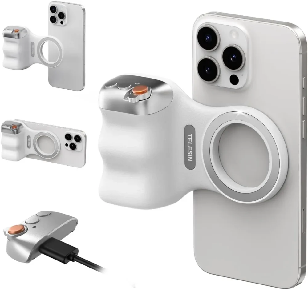 WMain_01 TELESIN Fun Shot Magnetic Camera Grip 2 - Ergonomic Bluetooth Smartphone Shutter Handle with Detachable Remote & 1/4" Tripod Mount for iPhone & Android
