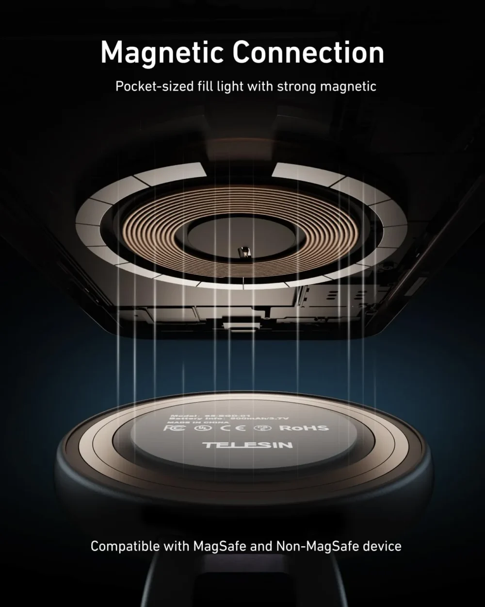 Main_05 TELESIN C03 3-in-1 Magnetic Selfie Ring Light with Makeup Mirror & Integrated Phone Stand - CRI 97+ Pocket Fill Light for iPhone MagSafe & Android vlogging