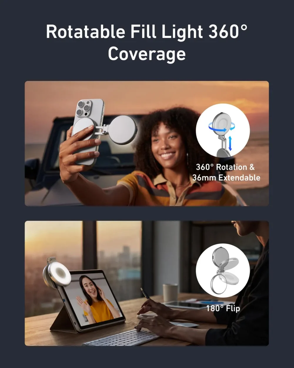Main_03 TELESIN C03 3-in-1 Magnetic Selfie Ring Light with Makeup Mirror & Integrated Phone Stand - CRI 97+ Pocket Fill Light for iPhone MagSafe & Android vlogging