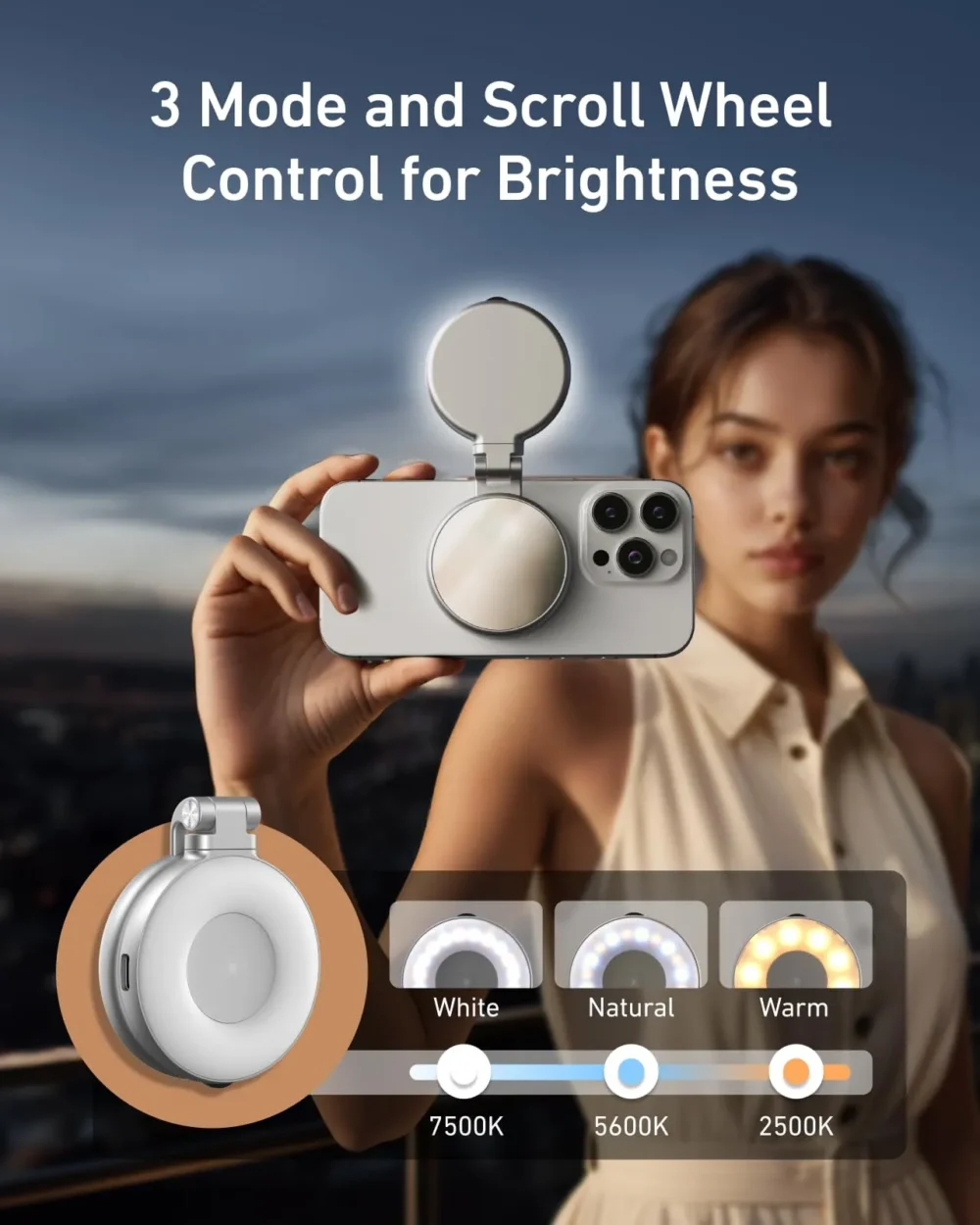 Main_02 TELESIN C03 3-in-1 Magnetic Selfie Ring Light with Makeup Mirror & Integrated Phone Stand - CRI 97+ Pocket Fill Light for iPhone MagSafe & Android vlogging