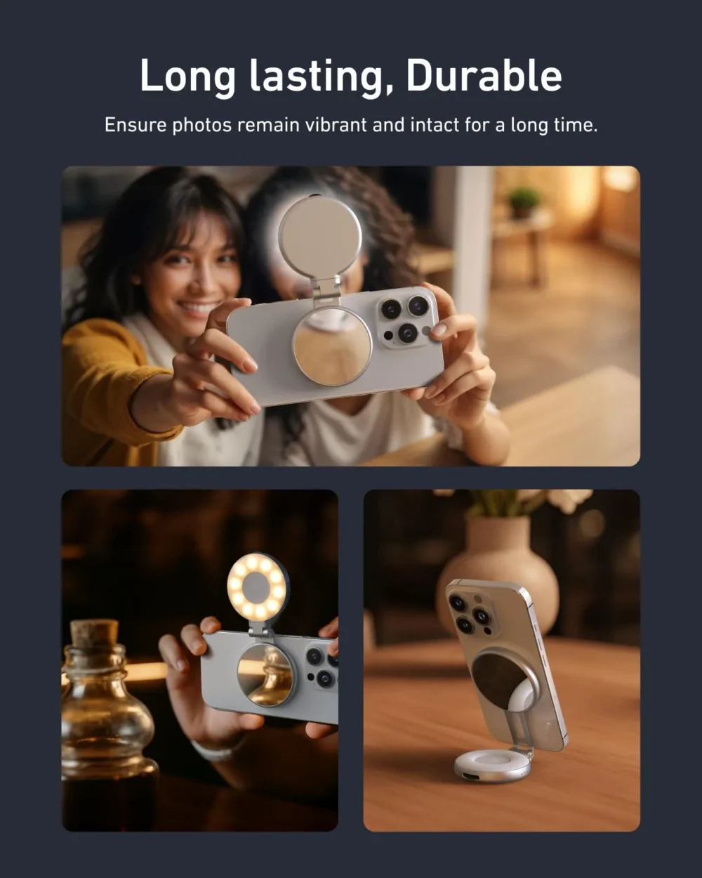 Main_07 TELESIN C03 3-in-1 Magnetic Selfie Ring Light with Makeup Mirror & Integrated Phone Stand - CRI 97+ Pocket Fill Light for iPhone MagSafe & Android vlogging