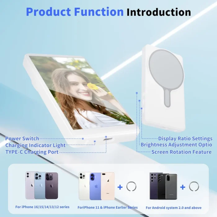 FMC Wireless Magnetic Selfie Monitor - 4K 30fps Real-Time Phone Mirroring Screen with Bluetooth Remote - Use Back Camera for Pro Vlogs & TikTok - iPhone & Android Compatible - Image 6