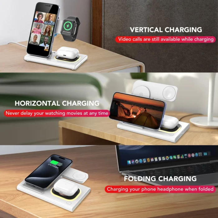 Aresh 3-in-1 Foldable Wireless Charging Station for Apple - Fast Charging Dock for iPhone 17/16/15, Apple Watch 11/Ultra 2 & AirPods Pro - Travel-Friendly with LED Nightlight - Image 4