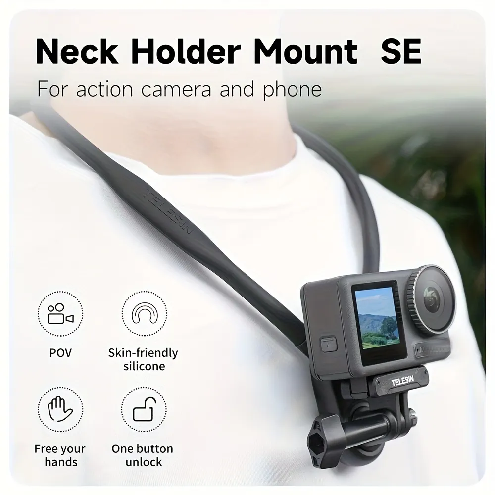 Main_02 TELESIN Neck Holder Mount SE for GoPro, DJI Action & Smartphones - First-Person POV Silicone Neck Strap for Cycling, Fishing & Vlogging - Image 1